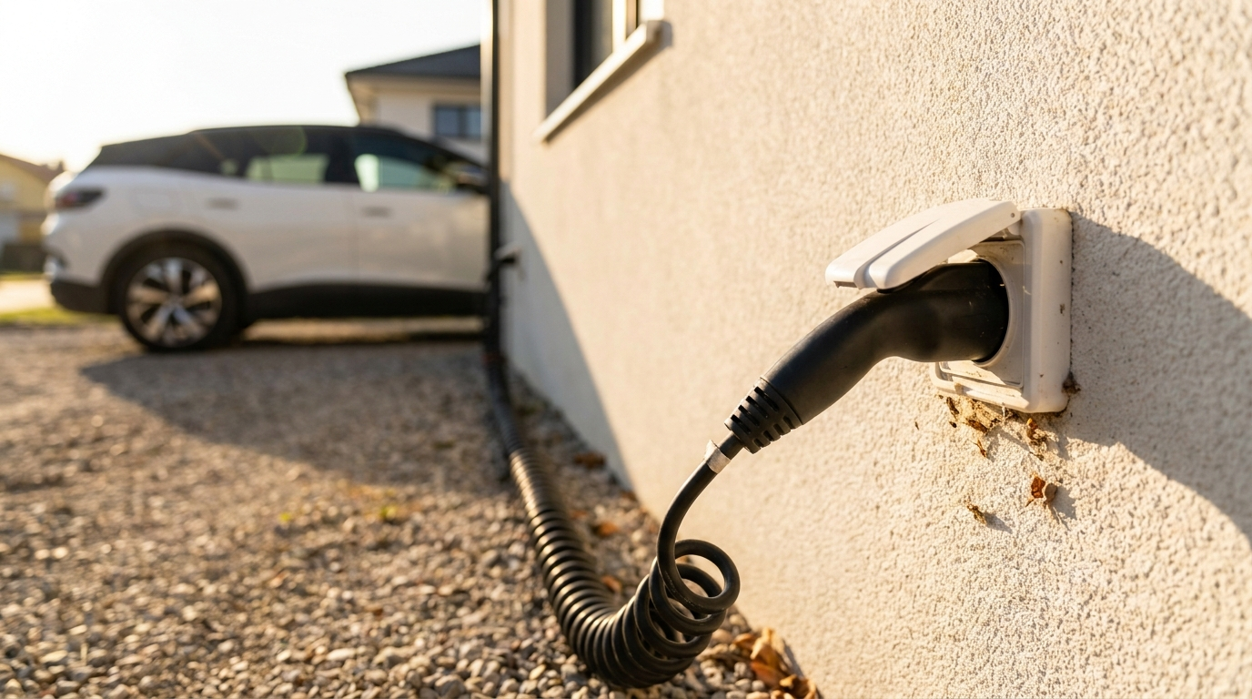 Schwarzes Notladekabel steckt in einer weißen Schuko-Steckdose an der Außenwand eines modernen österreichischen Einfamilienhauses, im Hintergrund unscharf ein weißes Elektro-SUV