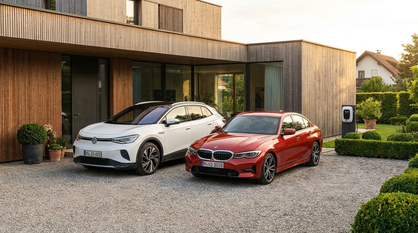 Modernes weißes Elektro-SUV steht neben einem roten Verbrenner-Auto in der Einfahrt eines österreichischen Einfamilienhauses, im Hintergrund eine weiße Wandwallbox