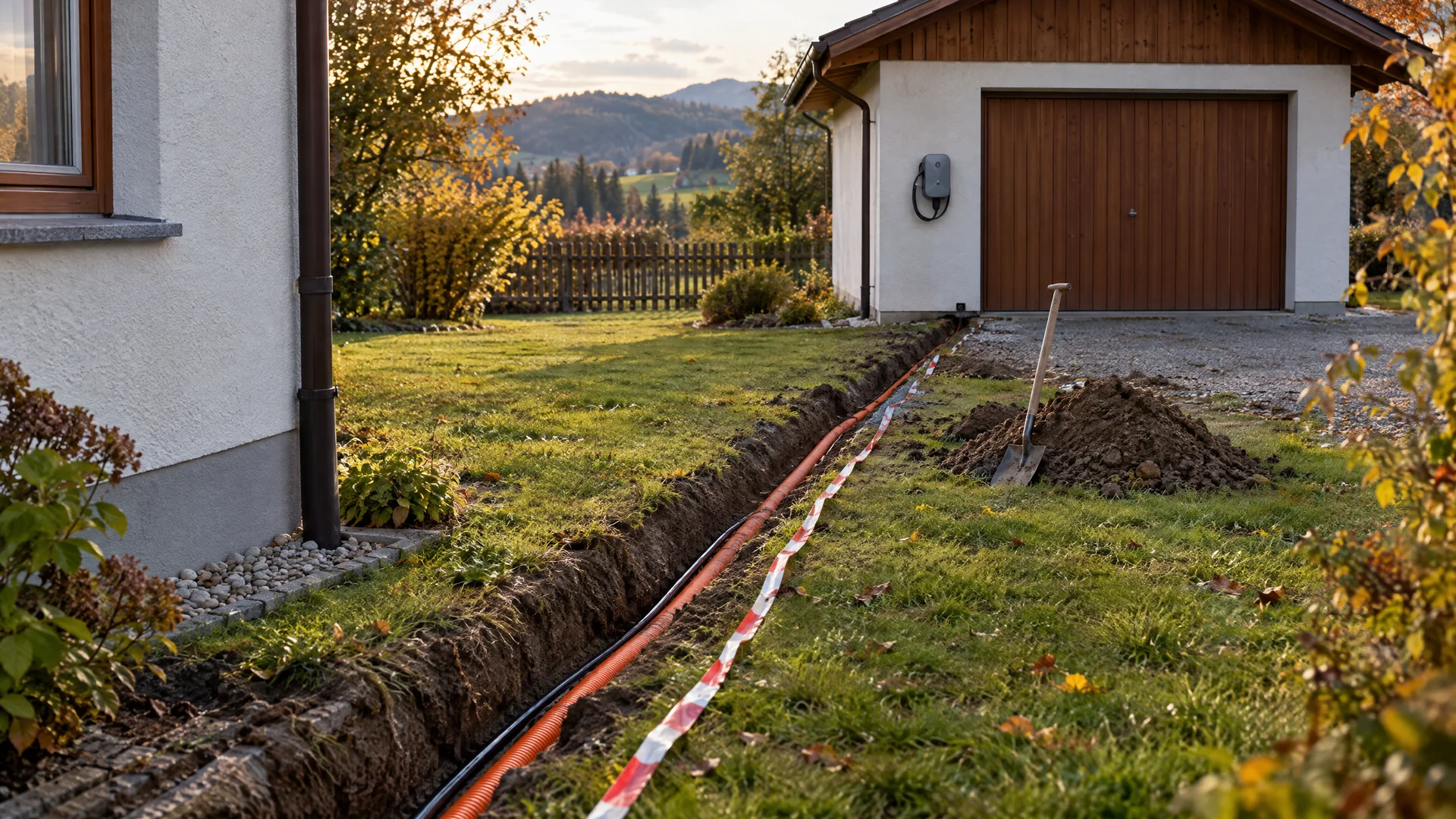Offener Graben quer durch einen herbstlichen Garten mit orangem Schutzrohr und Warnband, der vom Wohnhaus zu einer freistehenden Garage mit Wallbox an der Wand führt