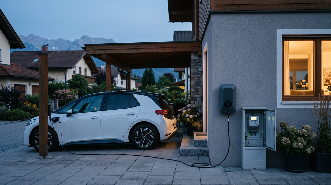 Weißes Elektroauto lädt in der Abenddämmerung an einer Wallbox an der Hauswand eines österreichischen Einfamilienhauses, daneben ein offener Zählerkasten mit digitalem Stromzähler, Berge im Hintergrund
