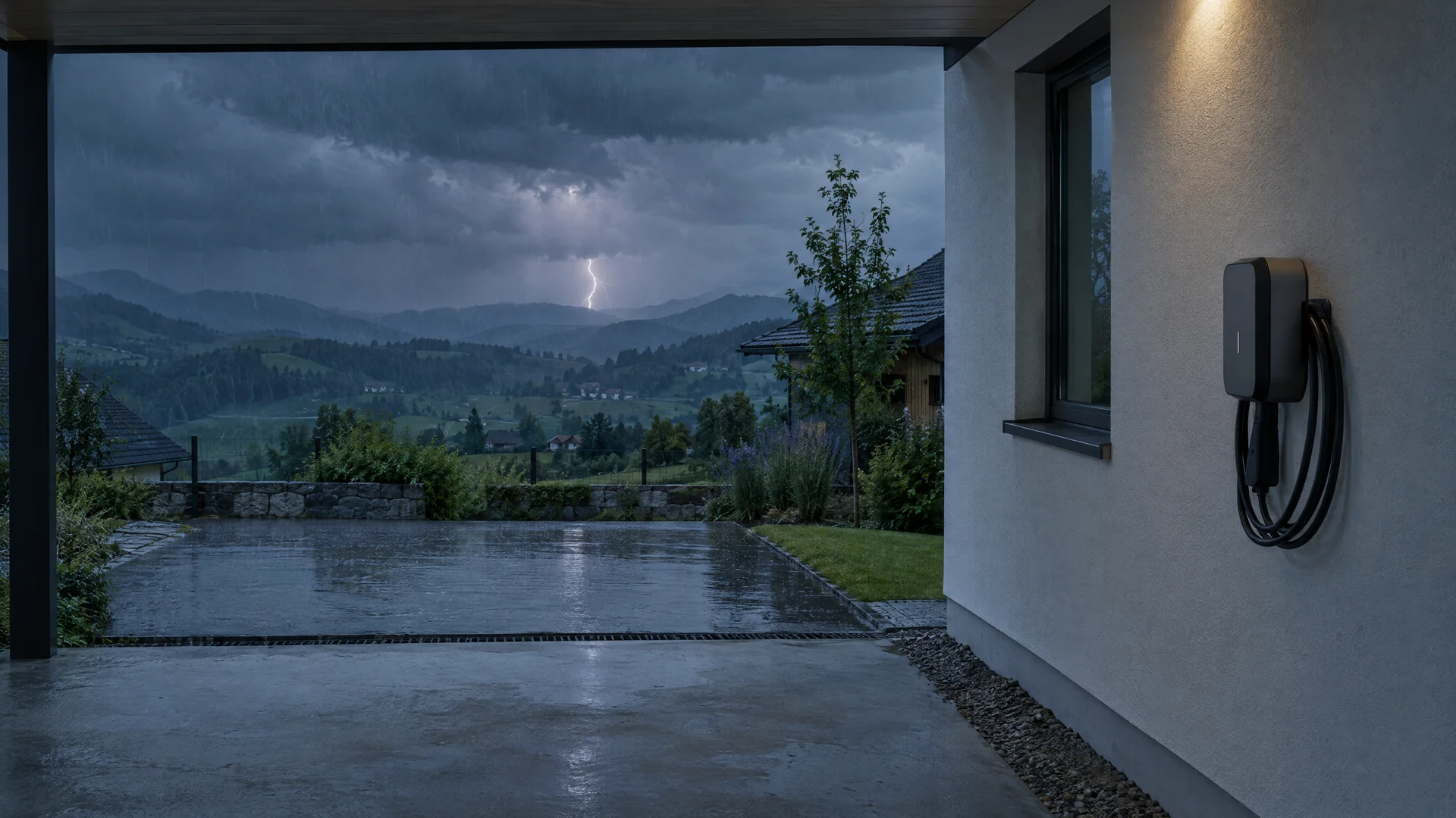Dunkelgraue Wallbox mit aufgewickeltem Ladekabel an der Hauswand eines Carports, im Hintergrund ein Gewitter mit Blitz über einer hügeligen Landschaft