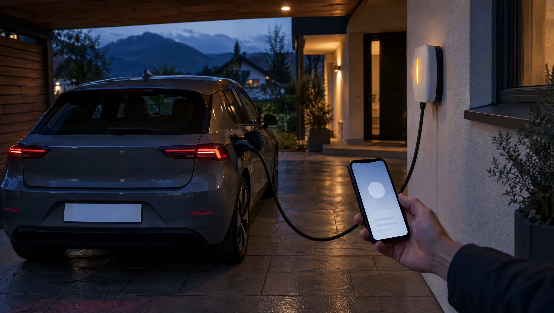 Graues Elektroauto mit leerem Kennzeichen steht abends in einem Carport, das Ladekabel führt von der weißen Wallbox mit gelb leuchtender Statusanzeige zur Ladebuchse, eine Hand hält ein Smartphone mit einer Lade-App