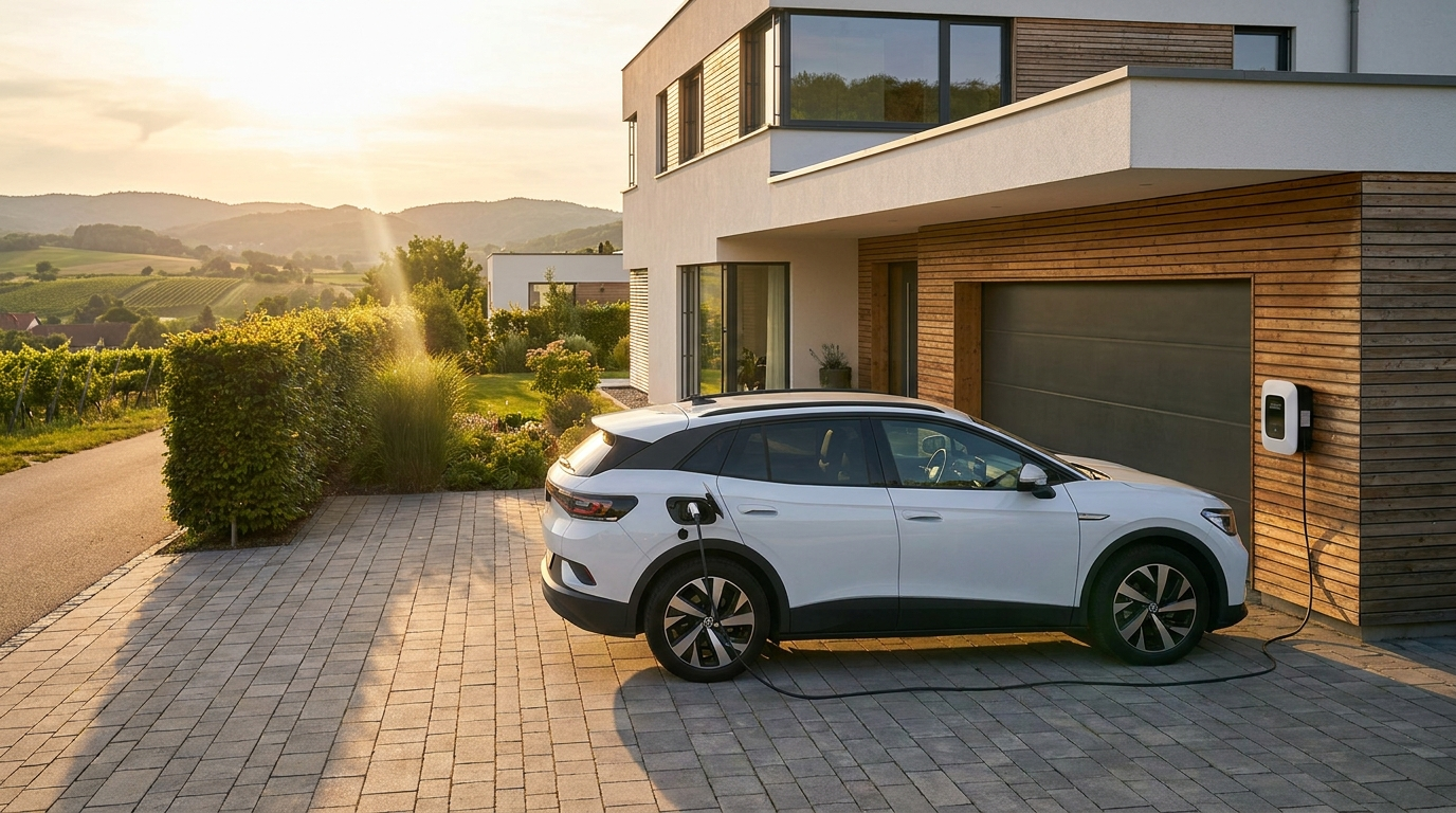 Weißes Elektro-SUV lädt an einer neu installierten Wallbox an der Außenwand eines modernen österreichischen Einfamilienhauses in Weinbaulandschaft, Abendsonne