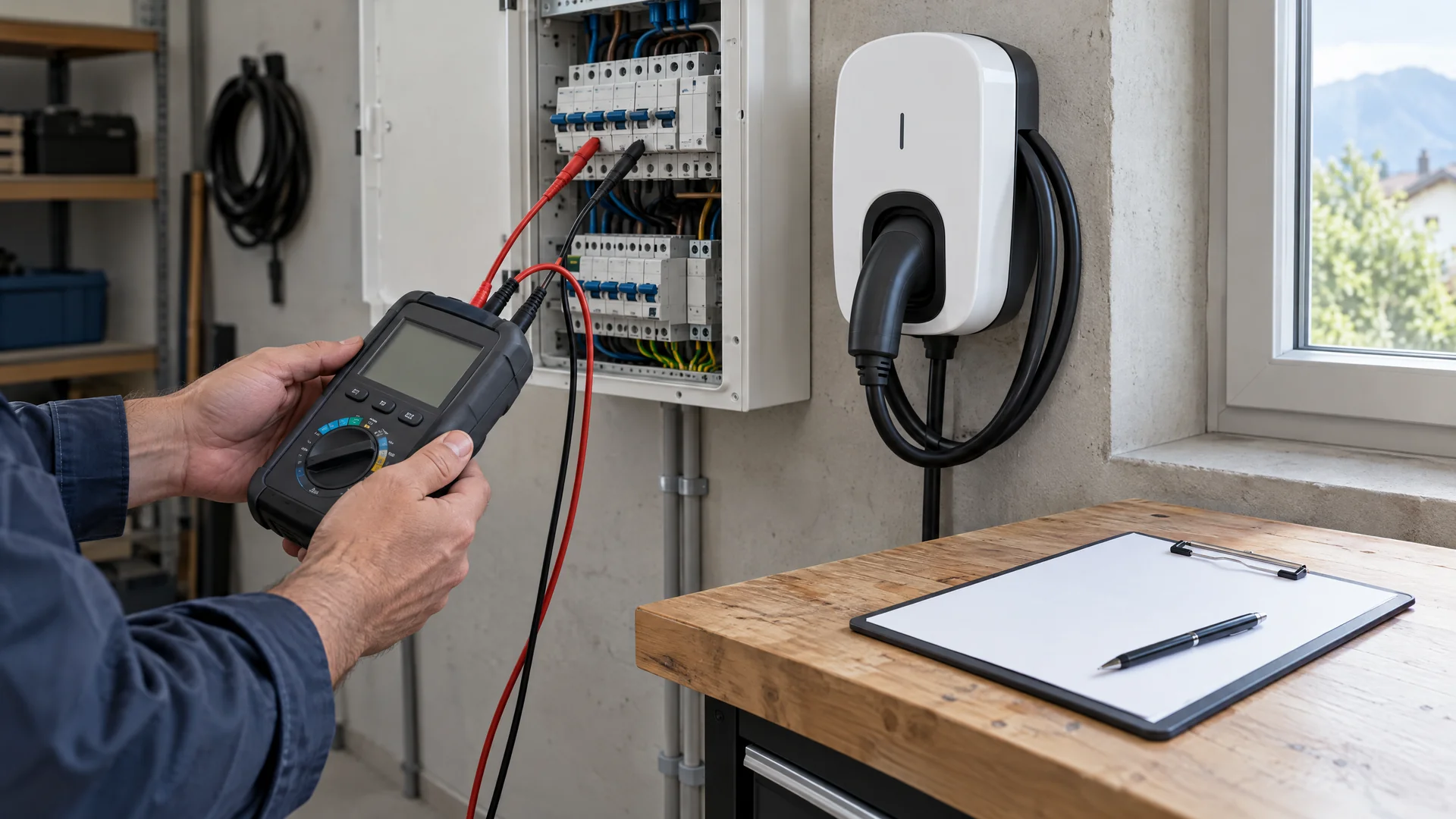 Hände eines Elektrikers halten ein Installationsprüfgerät mit Messleitungen am geöffneten Verteiler neben einer weißen Wallbox, daneben ein Klemmbrett mit leerem Formular auf einer Werkbank