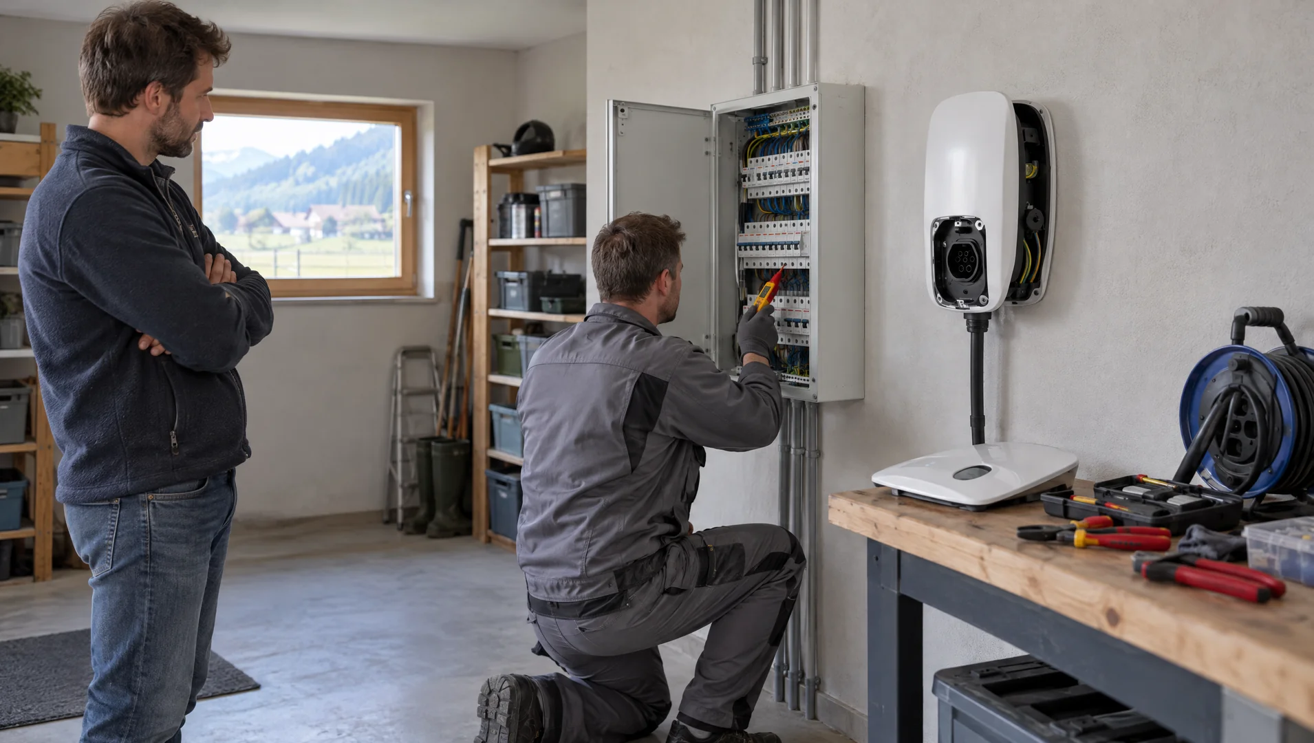 Ein Hausbesitzer mit verschränkten Armen sieht in seiner Garage einem knienden Elektriker zu, der mit einem Spannungsprüfer am offenen Verteilerkasten arbeitet, daneben hängt eine weiße Wallbox ohne Abdeckung an der Wand
