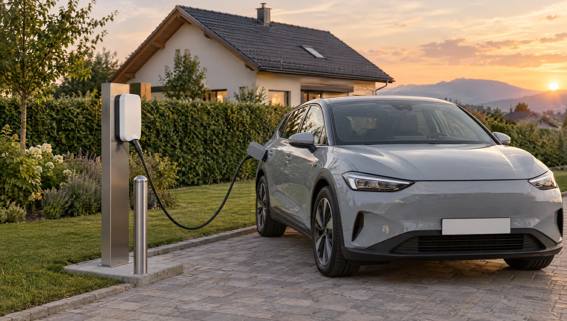 Freistehende Edelstahl-Säule mit weißer Wallbox auf einem Betonsockel am Rand einer gepflasterten Einfahrt, davor ein Poller, ein graues Elektroauto lädt daneben, Einfamilienhaus mit Hecke im Abendlicht