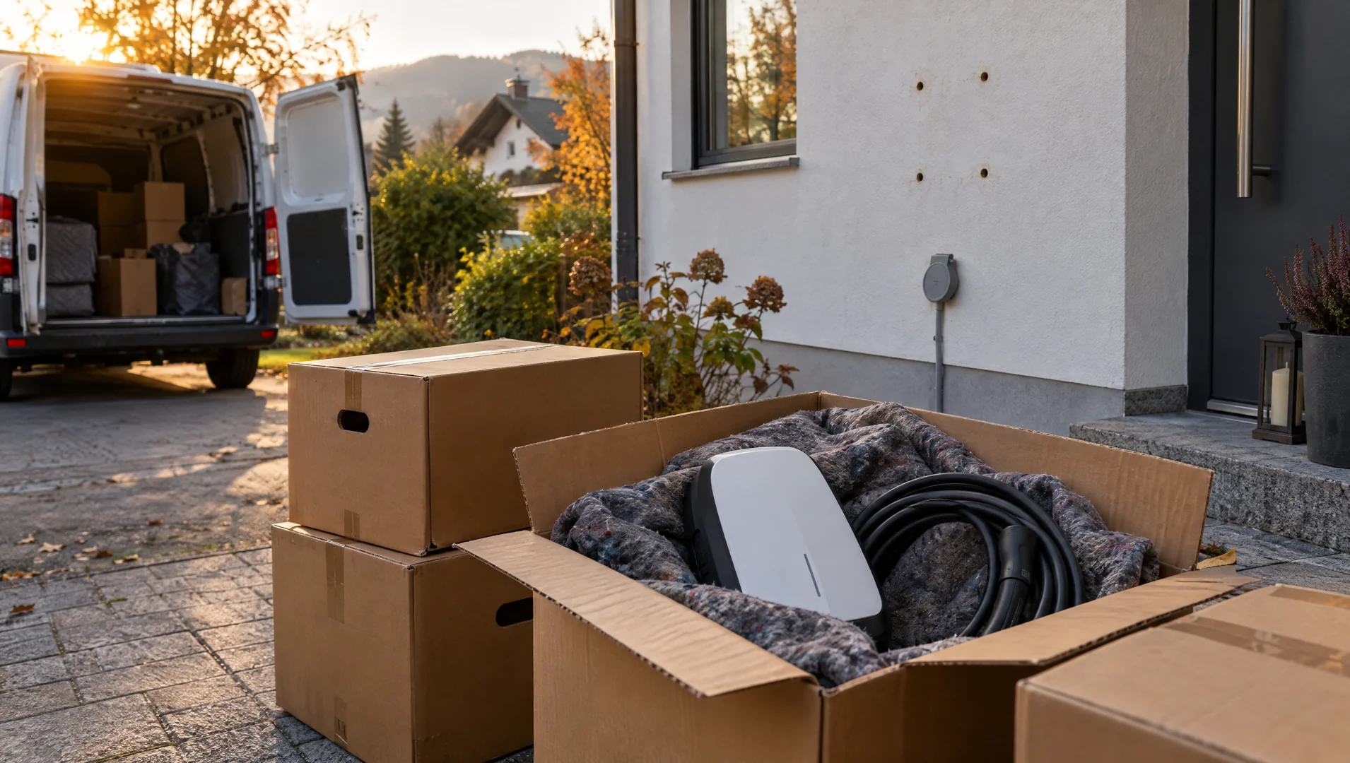 Umzugskartons auf einer gepflasterten Einfahrt vor einem Einfamilienhaus im Herbstlicht, in einem offenen Karton liegt eine abgebaute weiße Wallbox mit Ladekabel in einer Decke, an der Hauswand sind Bohrlöcher und ein verschlossener Kabelauslass zu sehen